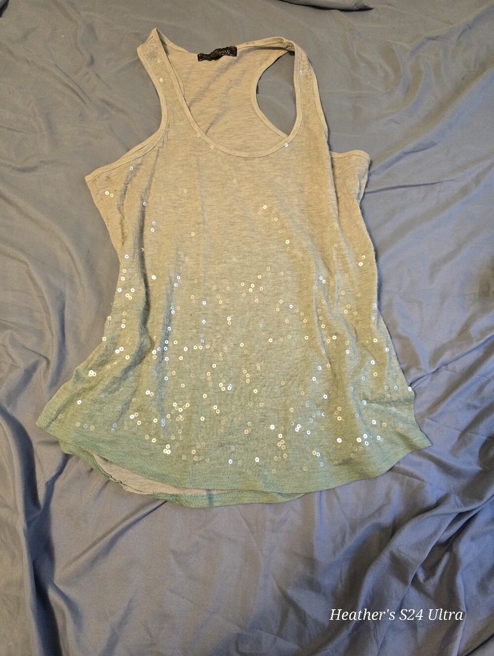Almost Famous, Sequined Light Green To Gret Umbra, Racerback Tank Top